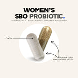 Open bottle of Codeage Women's SBO Probiotic Supplement with capsules