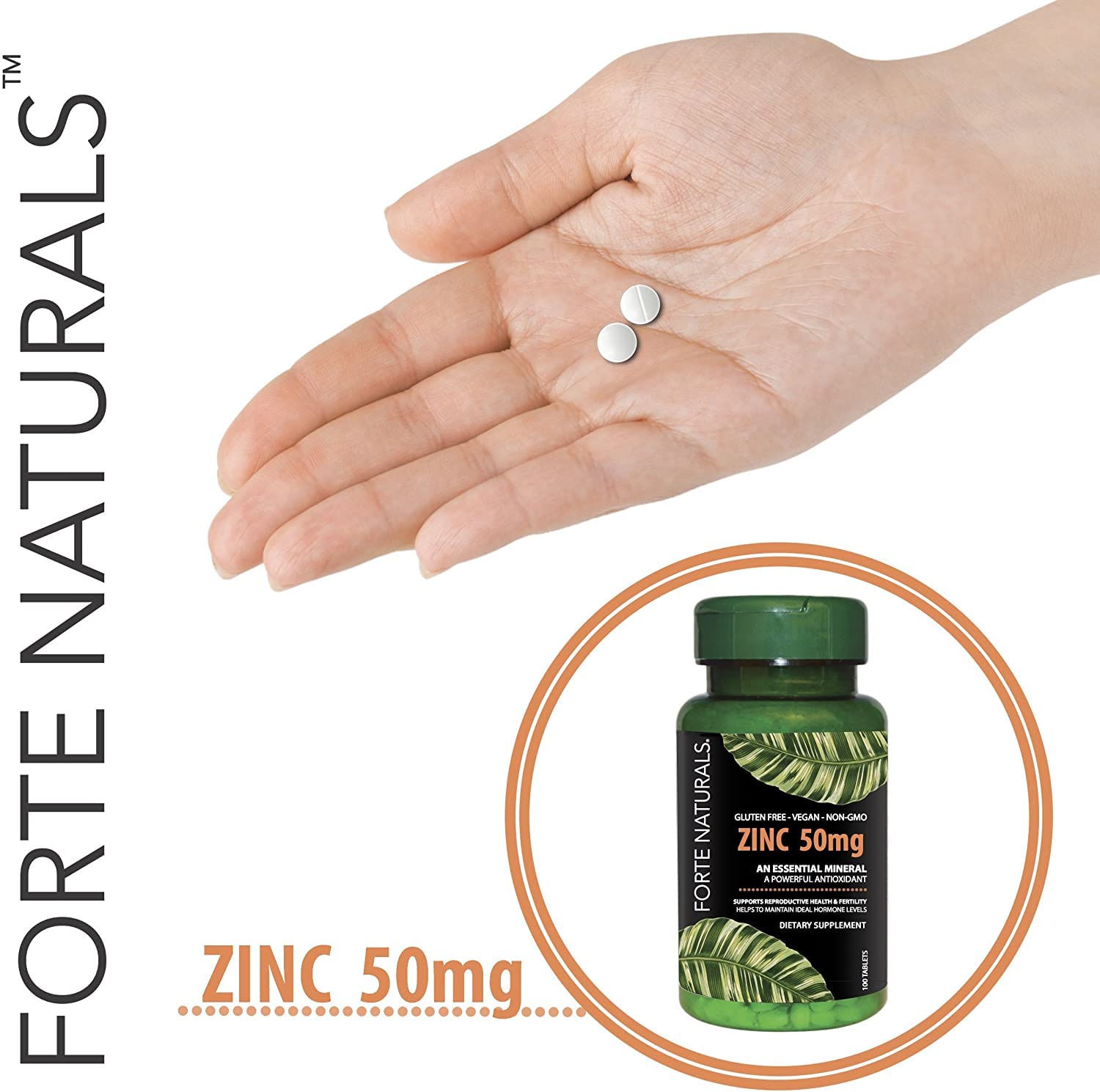 Open bottle of FORTE NATURALS Zinc 50mg tablets with tablets visible