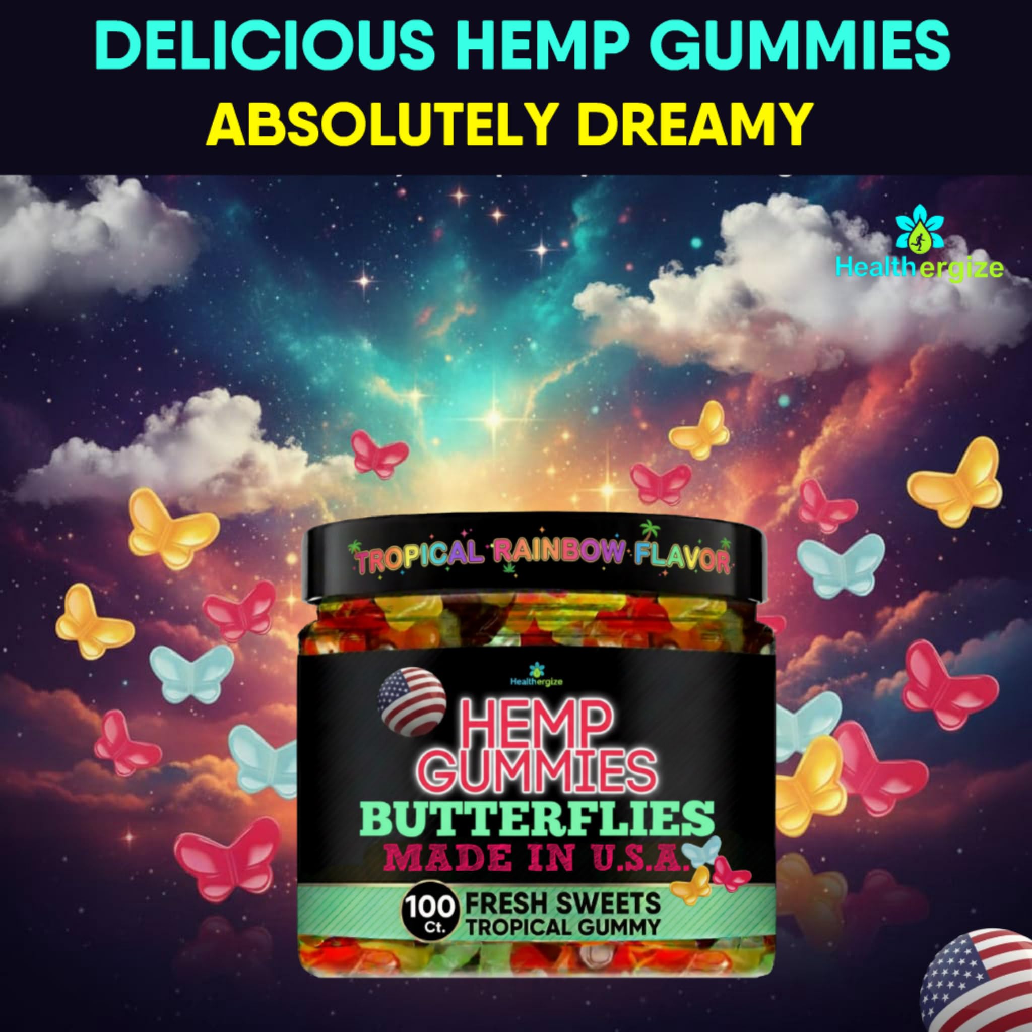 Open bottle of Healthergize Hemp Gummies with gummies spilling out