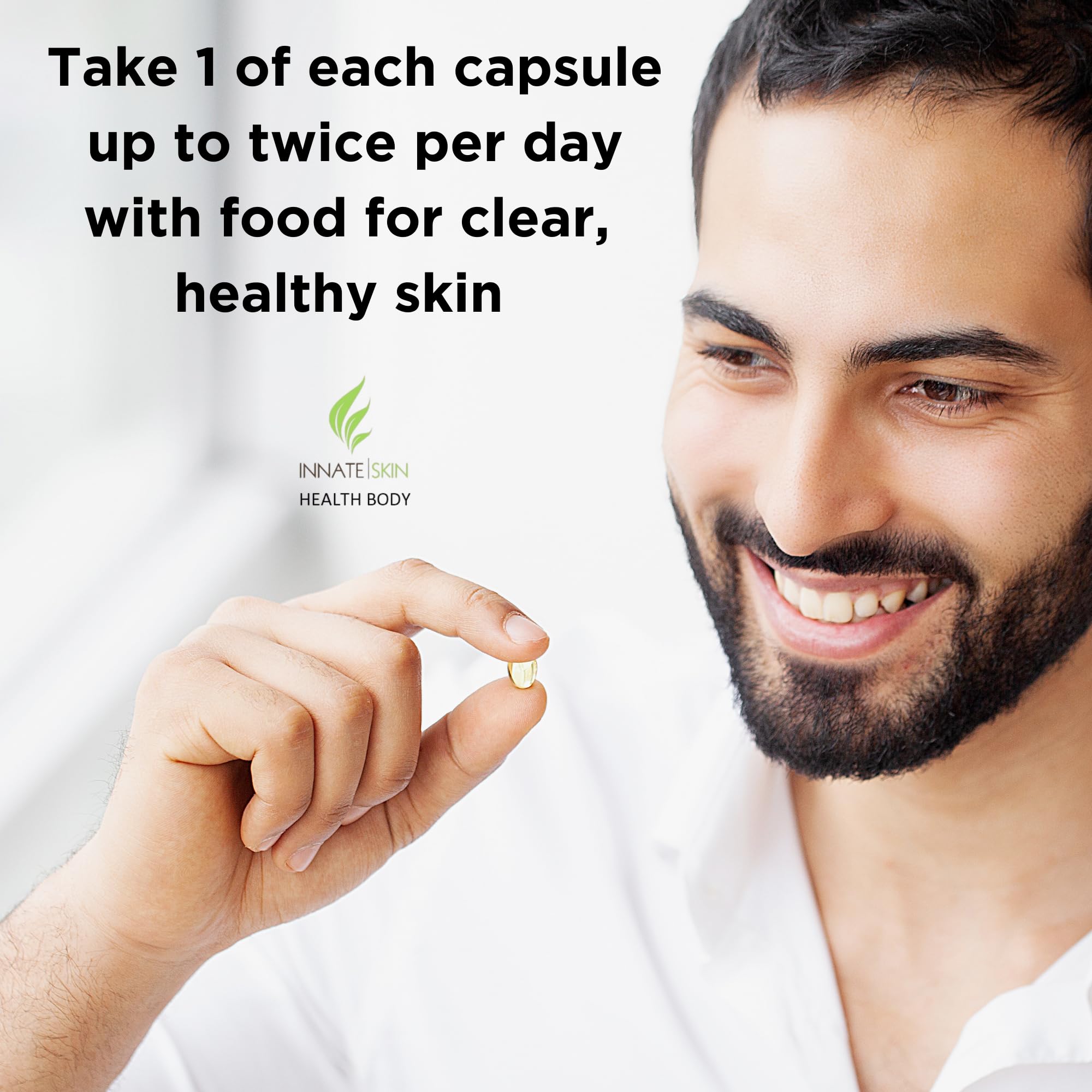 Open bottle of Innate Skin Clear Skin Capsules with capsules visible