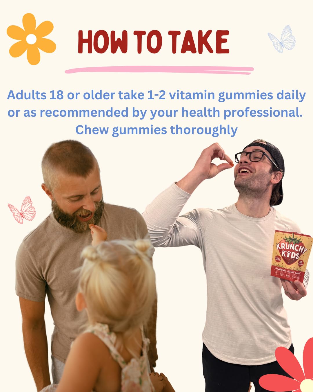 Open bottle of Krunchy Kids Vitamin D3 Gummies with gummies spilling out