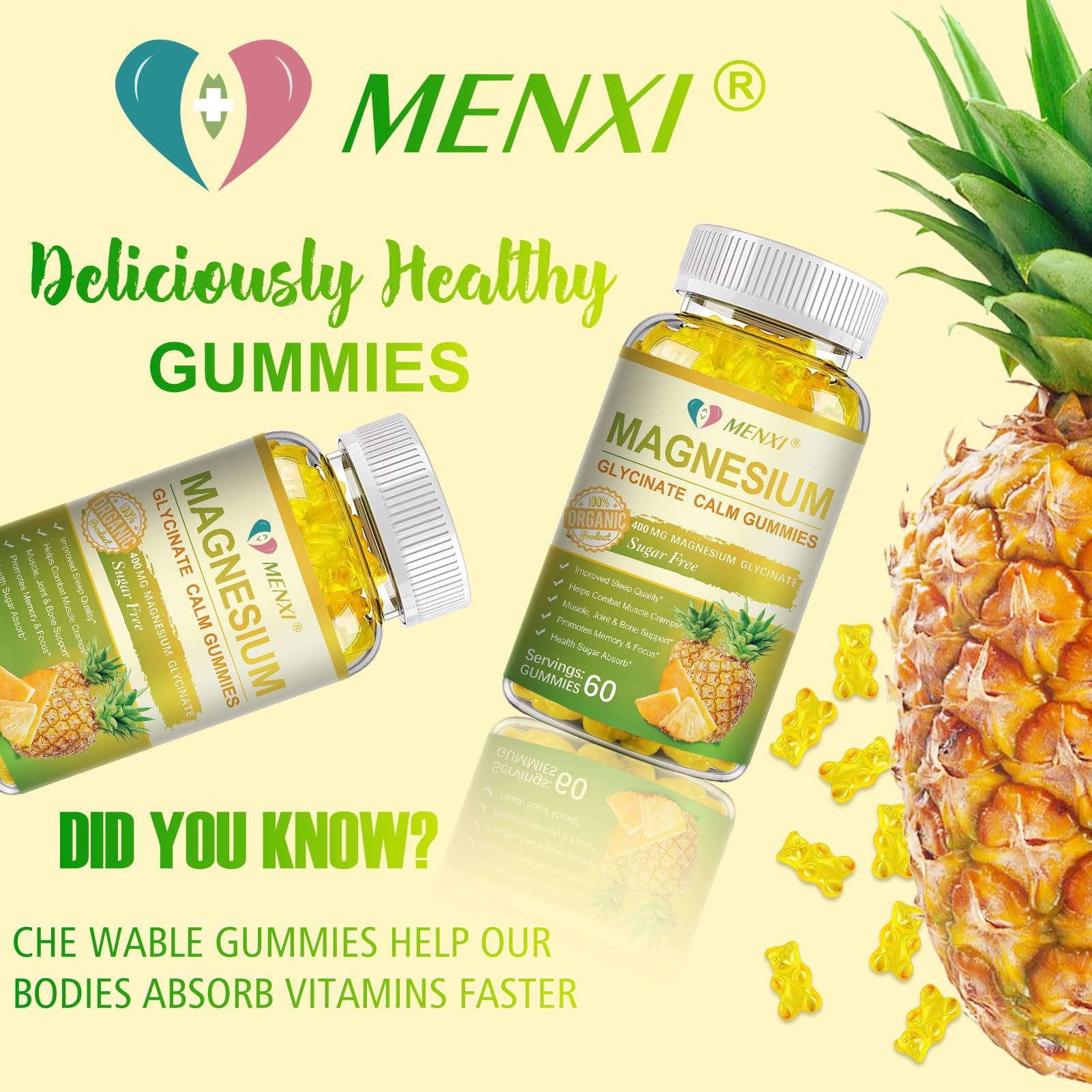 Open bottle of MENXI Magnesium Gummies with gummies spilled out