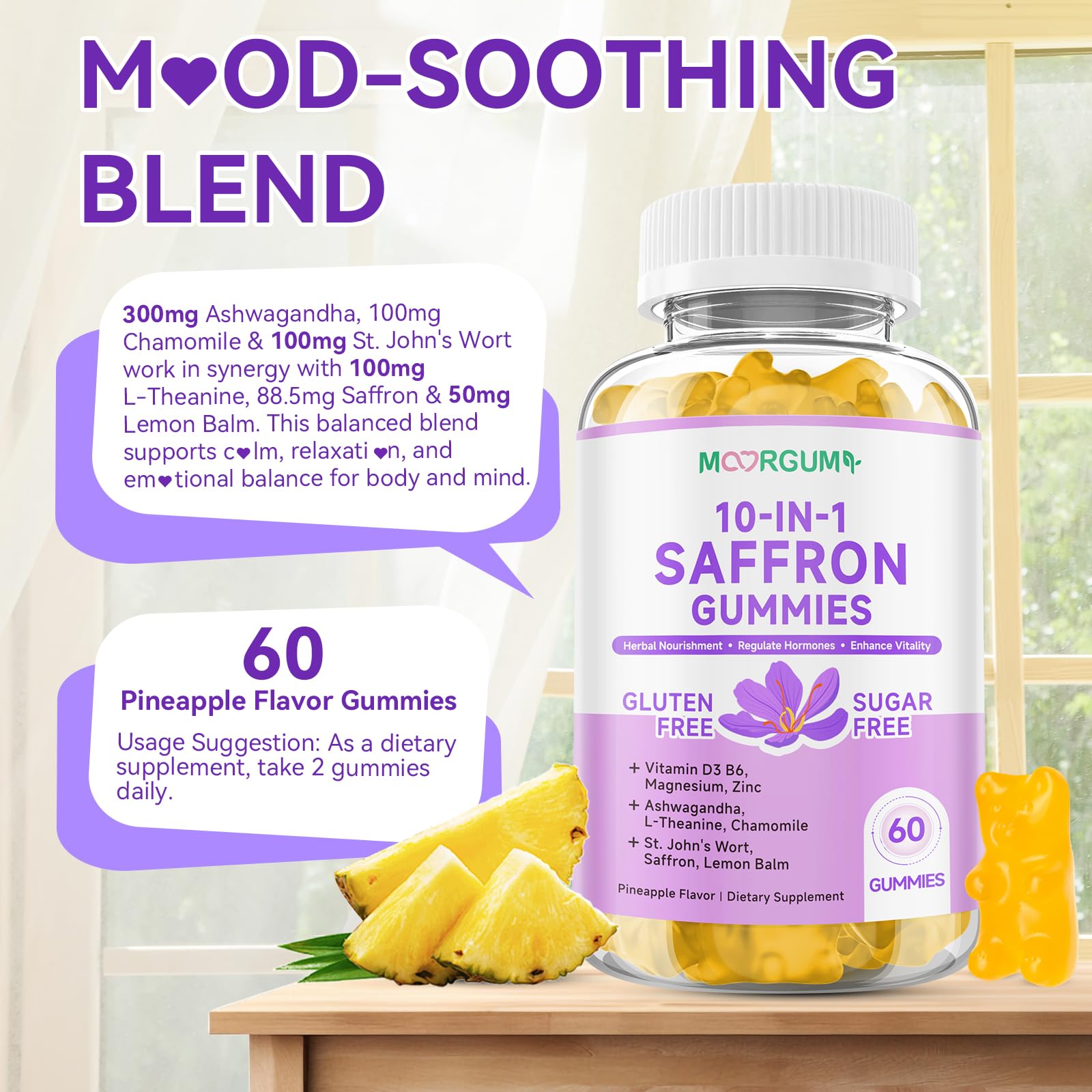 Open bottle of MOORGUMY Saffron Gummies showing gummies inside