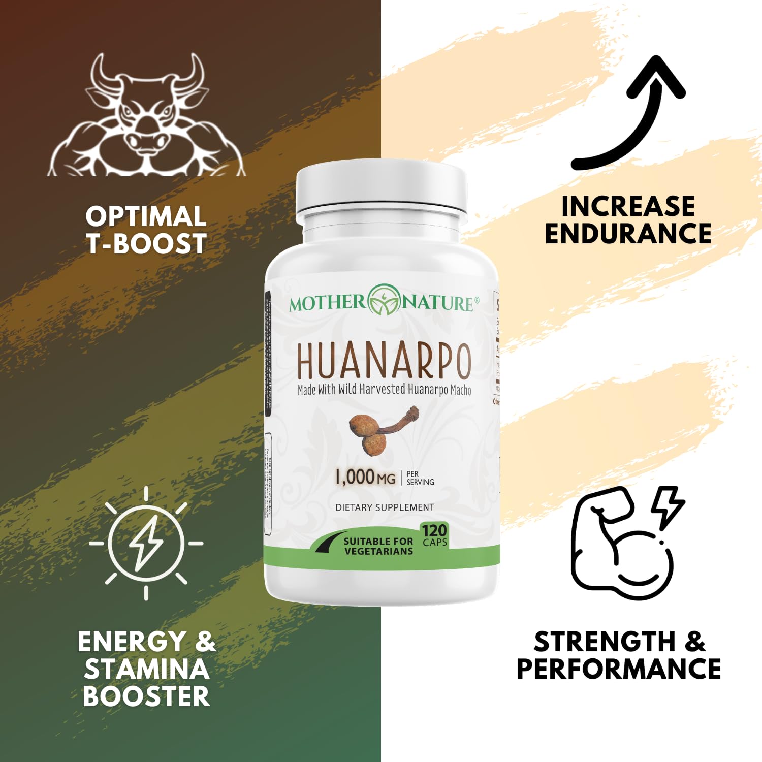 Open bottle of Mother Nature Organics Huanarpo Macho capsules
