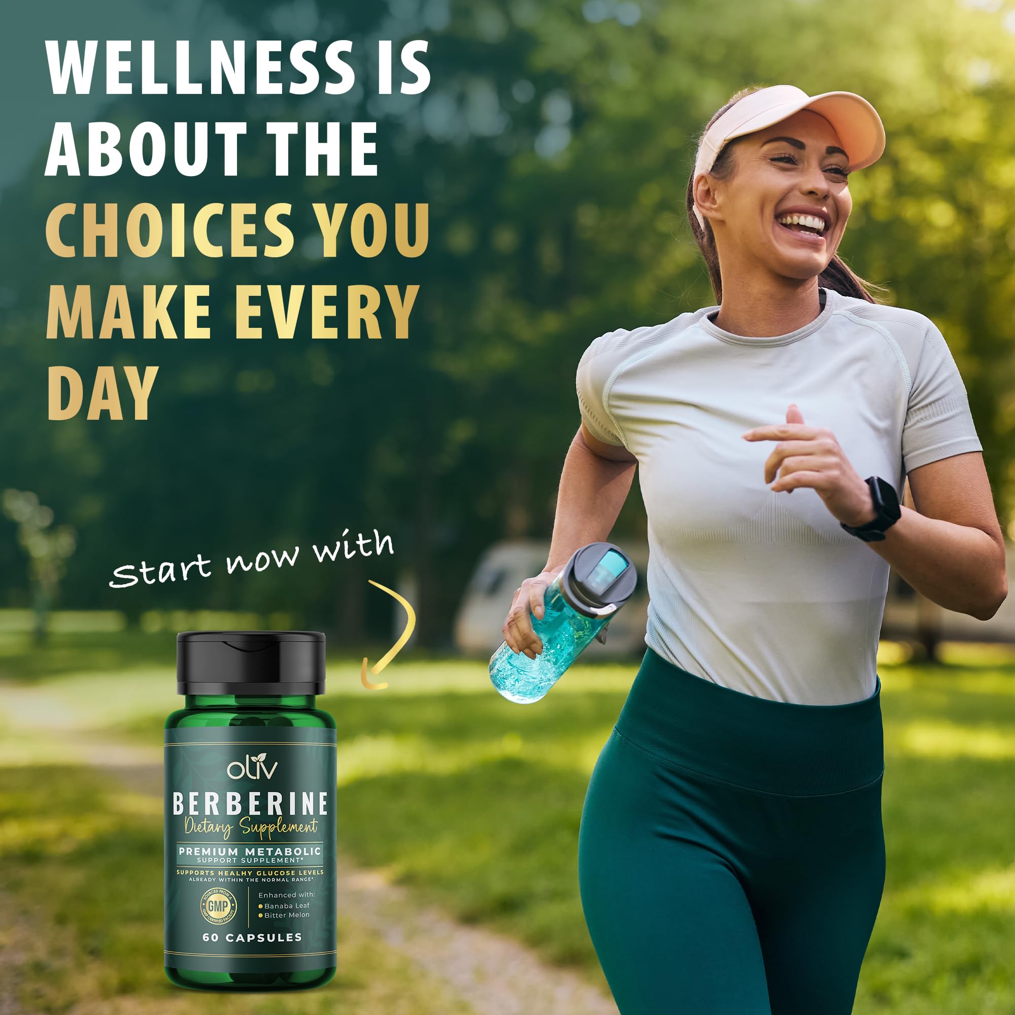 Open bottle of oliv Berberine Supplement showing capsules