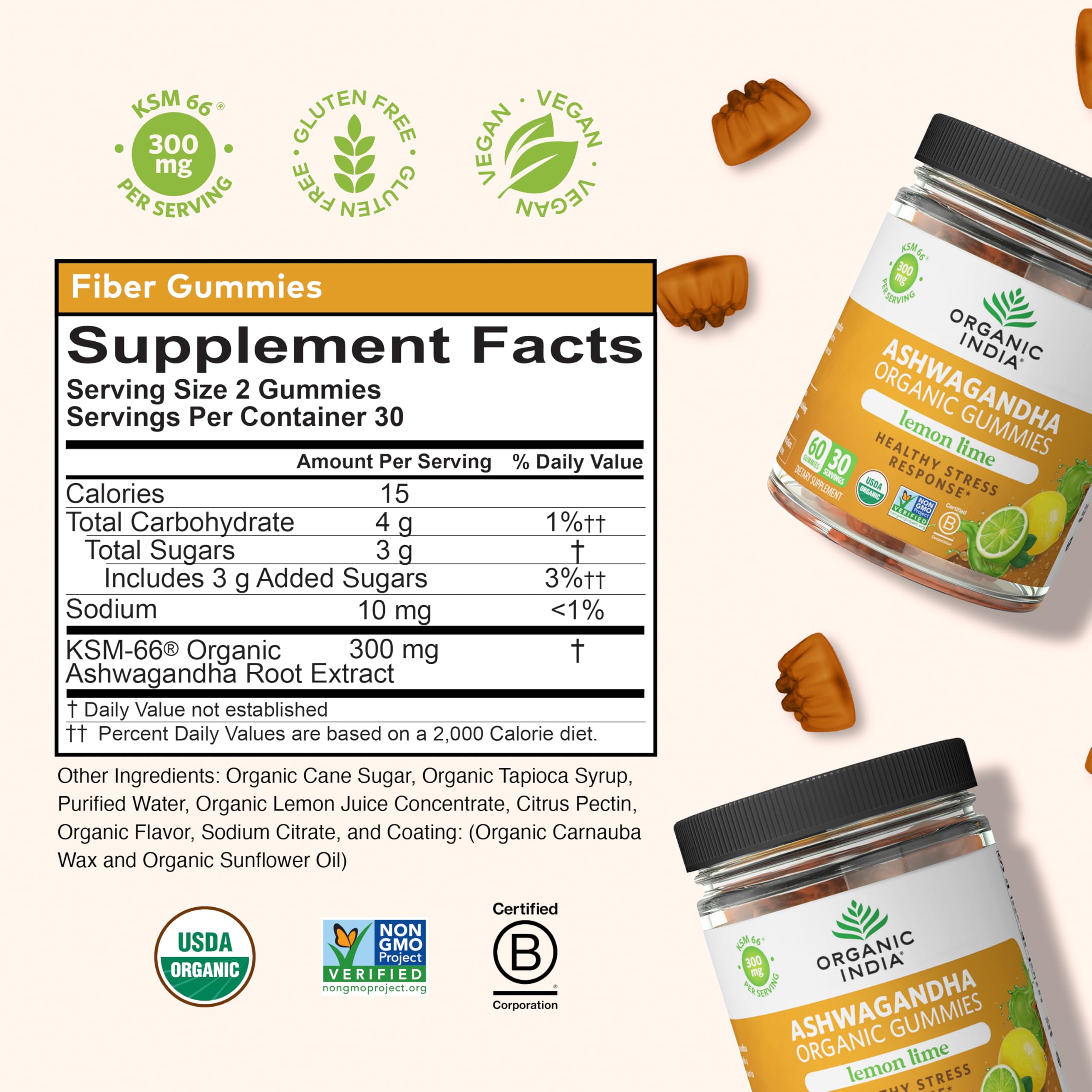 Open bottle of ORGANIC INDIA Ashwagandha Gummies with gummies visible