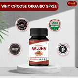 Open bottle of ORGANIC SPREE Arjuna Tablets with tablets visible