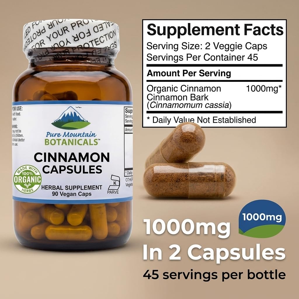 Open bottle of Pure Mountain Botanicals Cinnamon Bark Capsules with capsules spilling out