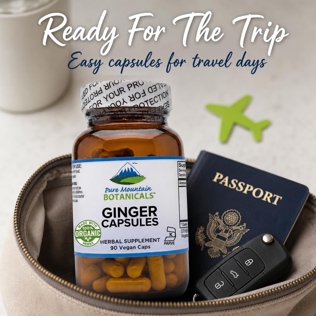 Open bottle of Pure Mountain Botanicals Ginger Root Capsules