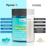 Open bottle of PYUNAFIT HMB Leucine Gummies with gummies visible