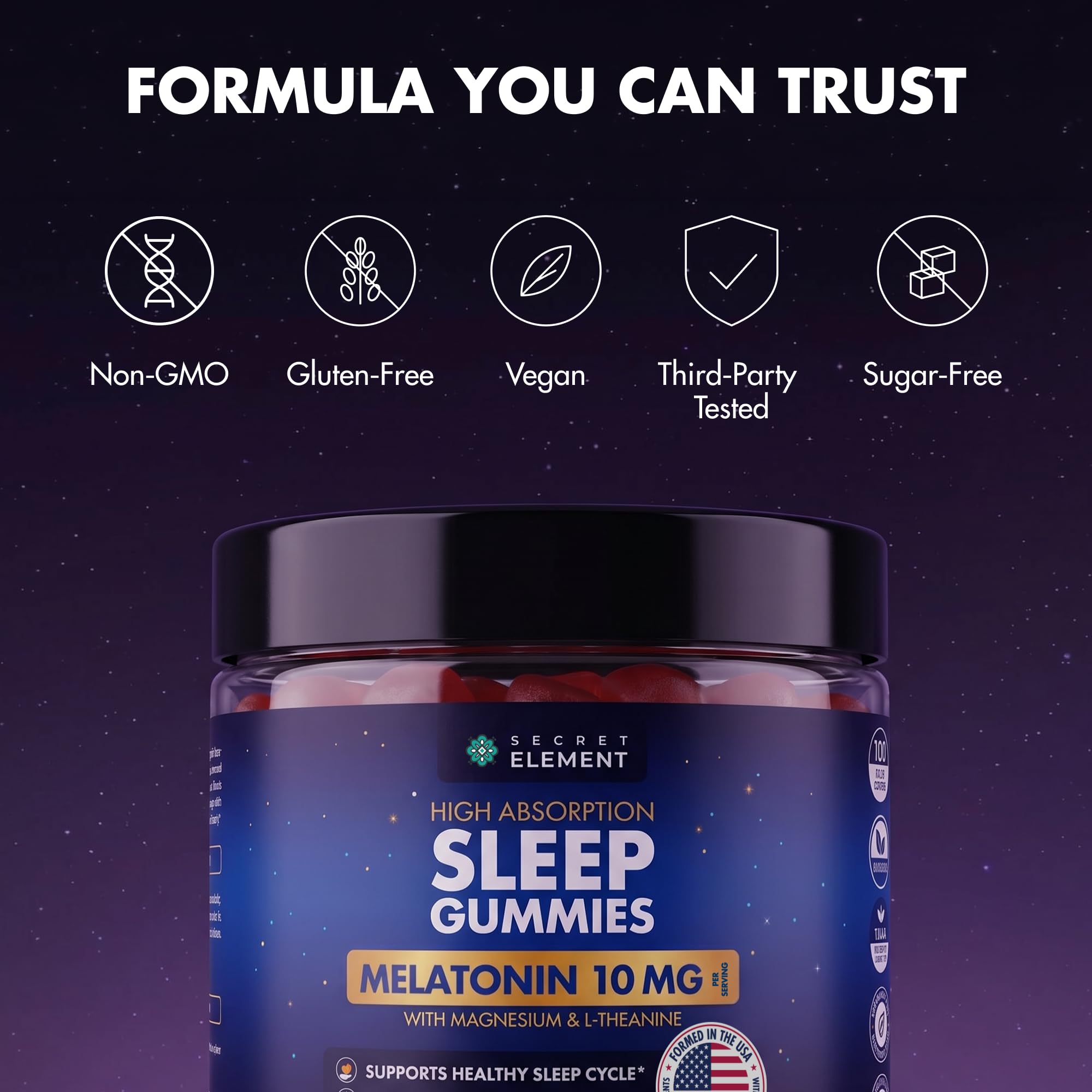 Open bottle of Secret Element Sleep Gummies with gummies scattered