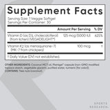 Open bottle of Sports Research D3 + K2 Softgels with softgels visible