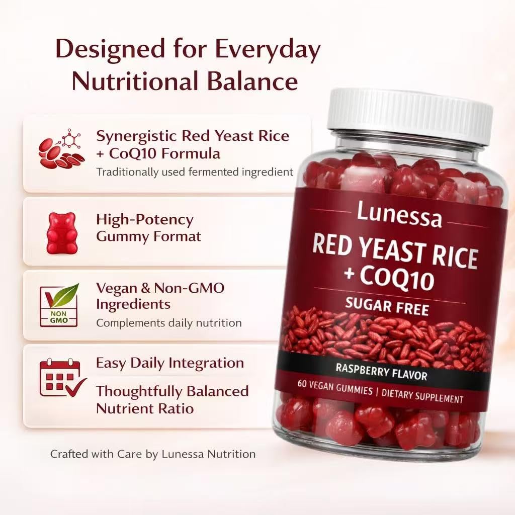 Open bottle of SUBMETIC Red Yeast Rice Gummies with gummies displayed