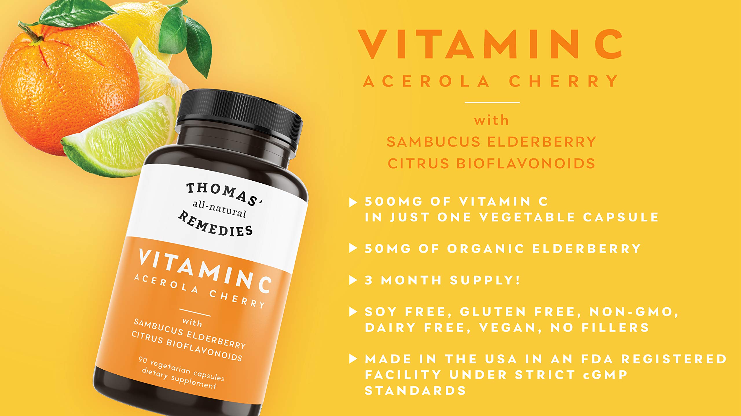 Open bottle of Thomas' Elderberry Vitamin C Capsules