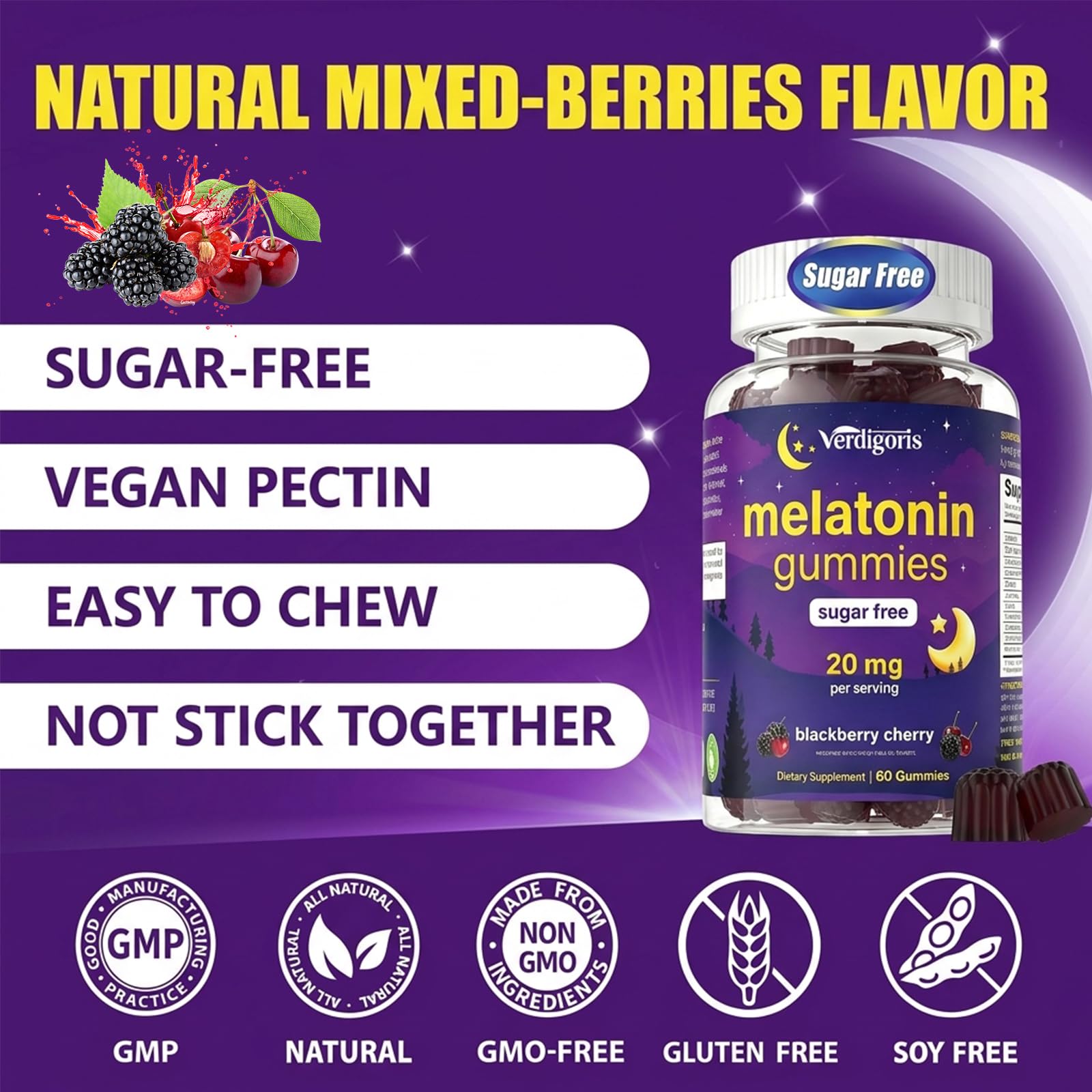 Open bottle of Verdigoris Melatonin Gummies with gummies displayed