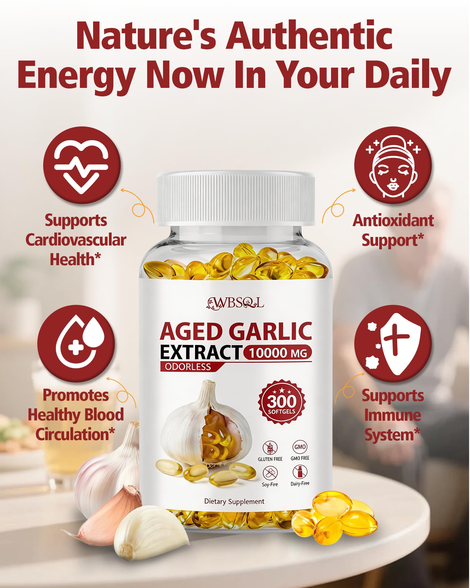 Open bottle of WBSQL Aged Garlic Extract Softgels
