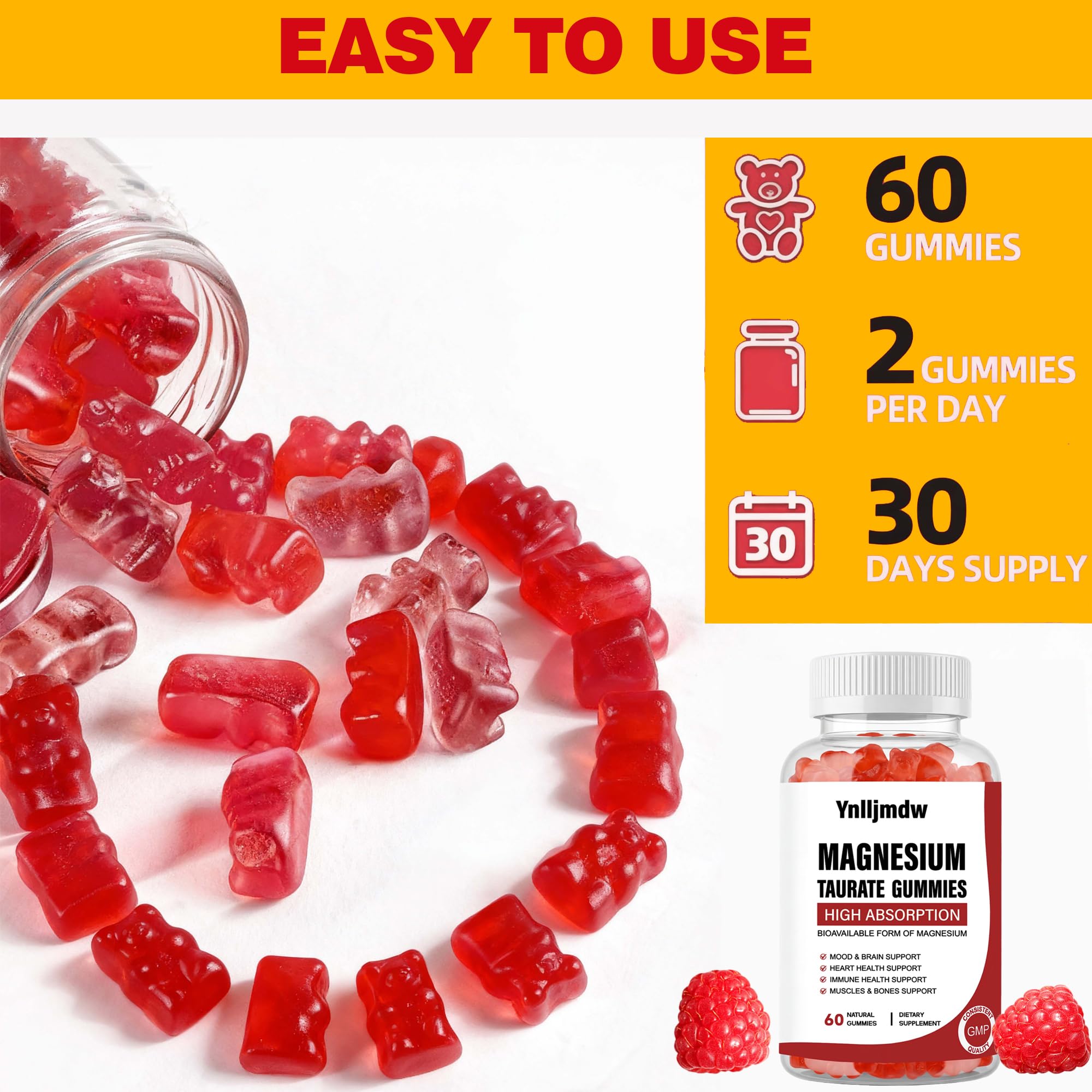 Open bottle of Ynlljmdw Magnesium Taurate Gummies showing gummies inside
