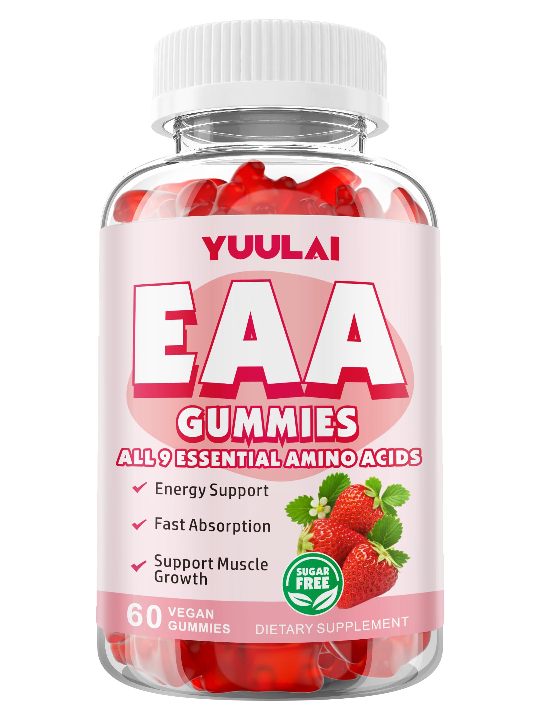 Open bottle of YUULAI Essential Amino Acids Gummies showing gummies
