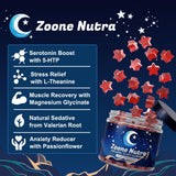 Open bottle of Zoone Nutra Sleep Gummies with gummies scattered around