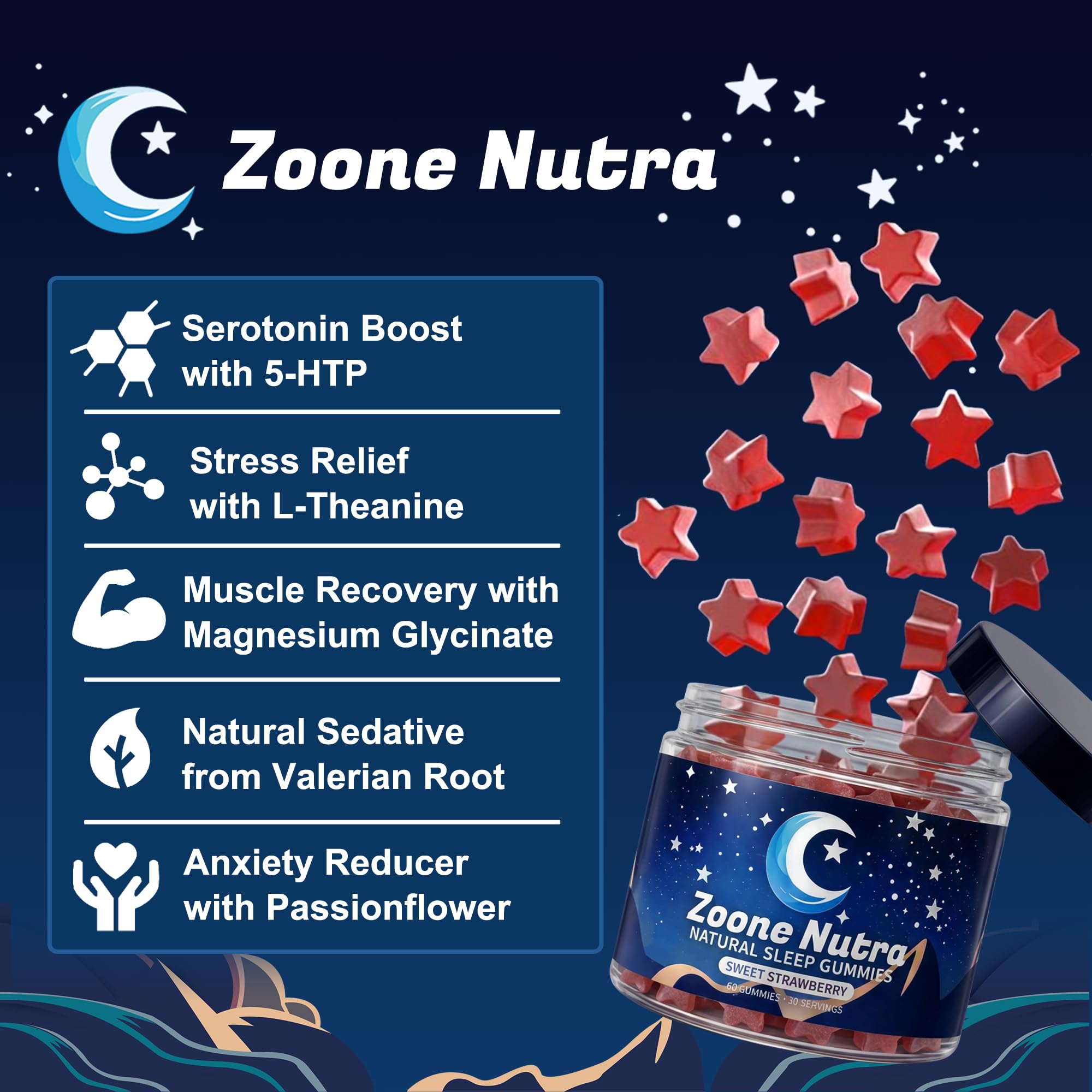 Open bottle of Zoone Nutra Sleep Gummies with gummies scattered around