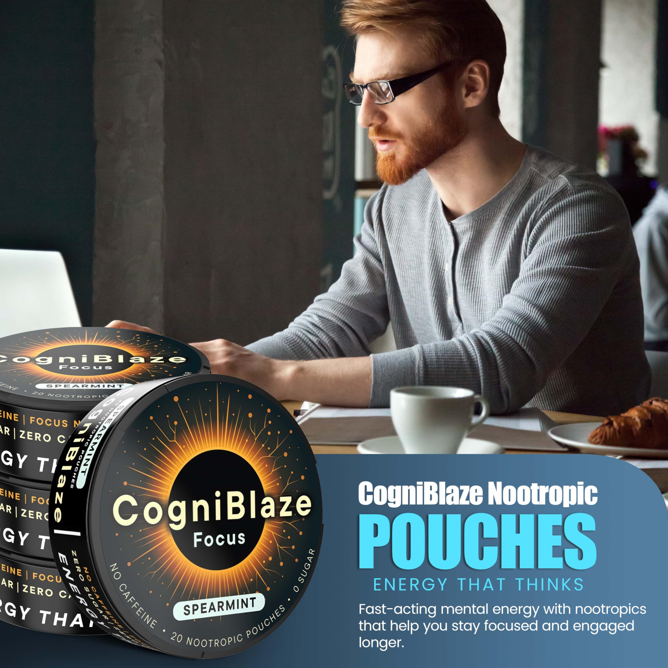 Open can of CogniBlaze Nootropic Pouches displaying pouches