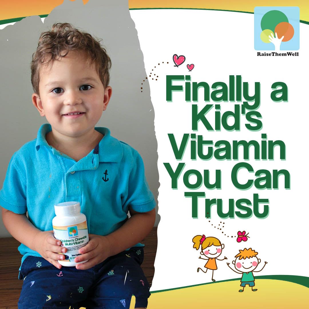 Open container of Raise Them Well Multivitamins showing chewable tablets