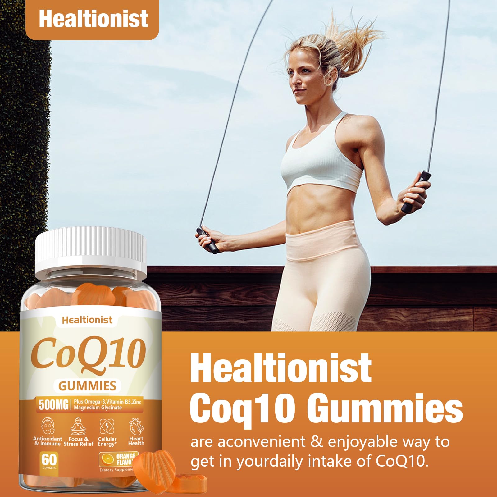 Open jar of Healtionist CoQ10 Gummies with gummies spilling out