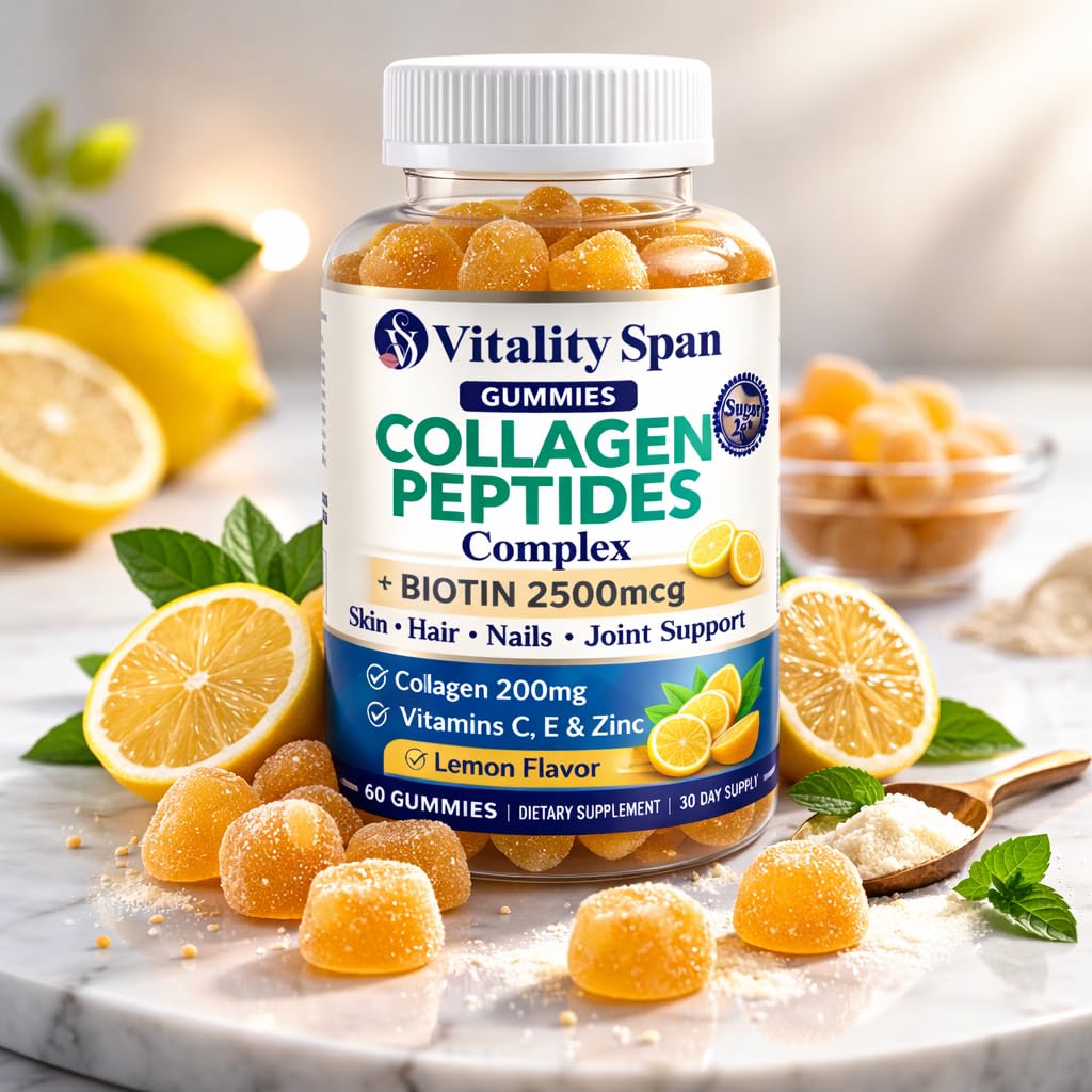 Open jar of Vitality Span Hair, Skin & Nails Gummies with some gummies outside