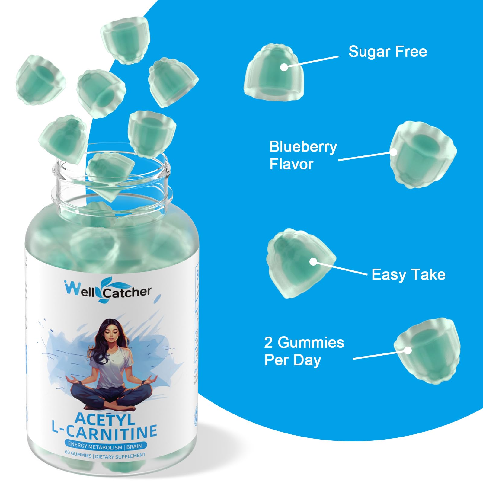 Open pack of Wellcatcher Acetyl L-Carnitine Gummies with gummies visible