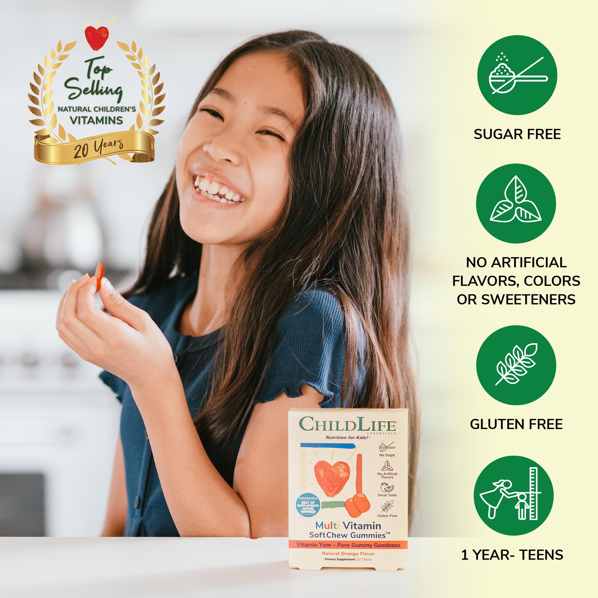 Open package of CHILDLIFE ESSENTIALS Multi Vitamin SoftChew Gummies with gummies displayed