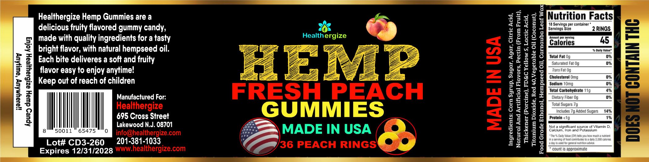 Open package of Healthergize Peach Hemp Gummies showing gummies