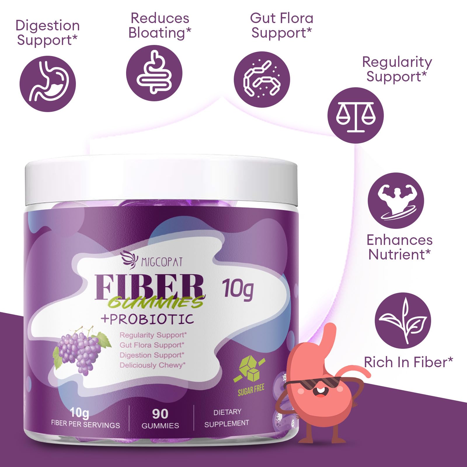 Open package of Migcopat Probiotic Fiber Gummies with gummies displayed