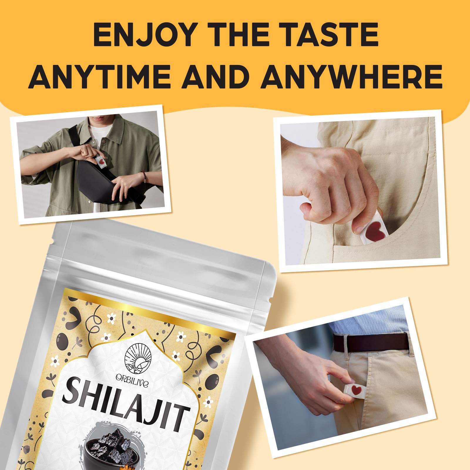 Open package of ORBILIVE Gold Shilajit Gummies