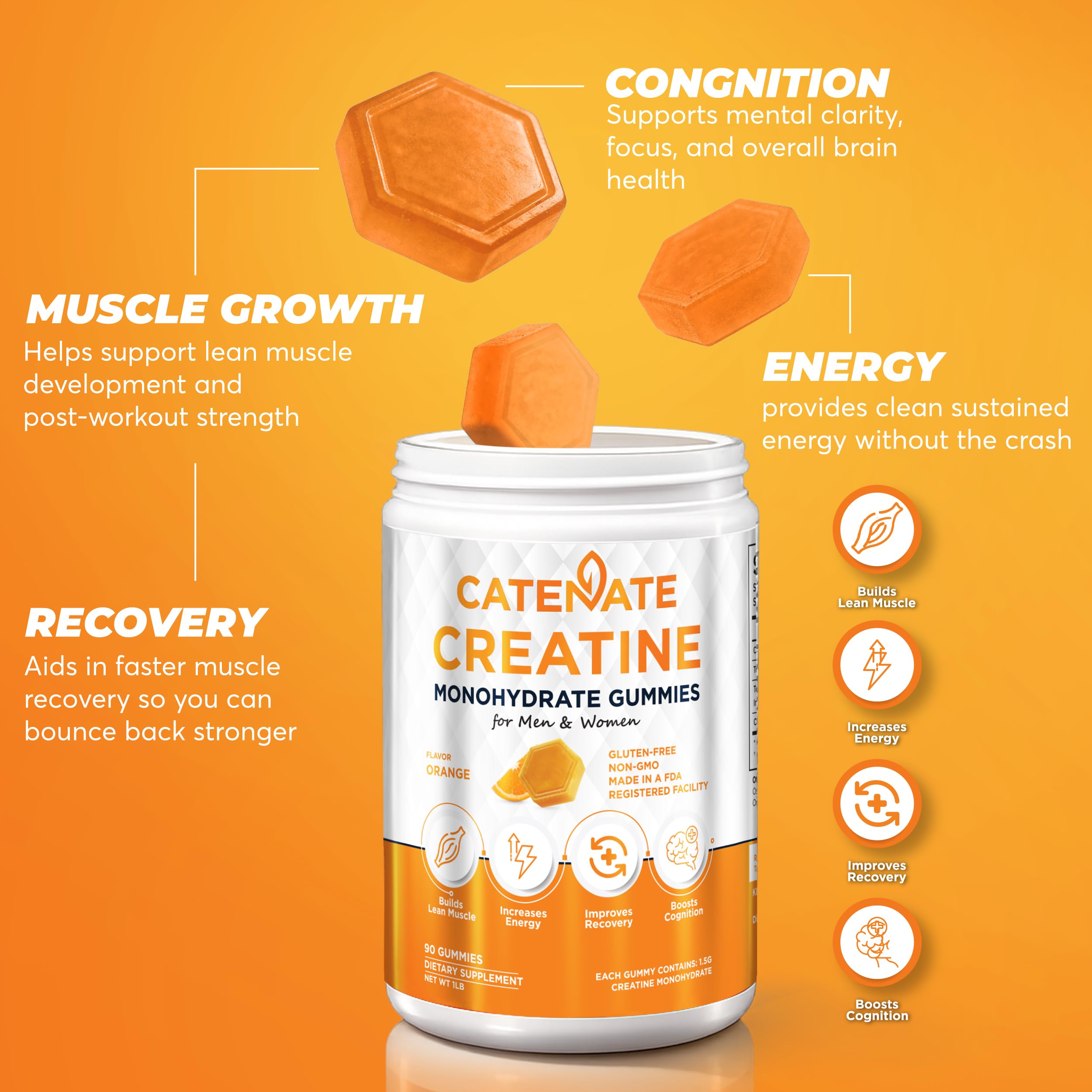 Open packaging of CATENATE Creatine Gummies showing gummies inside