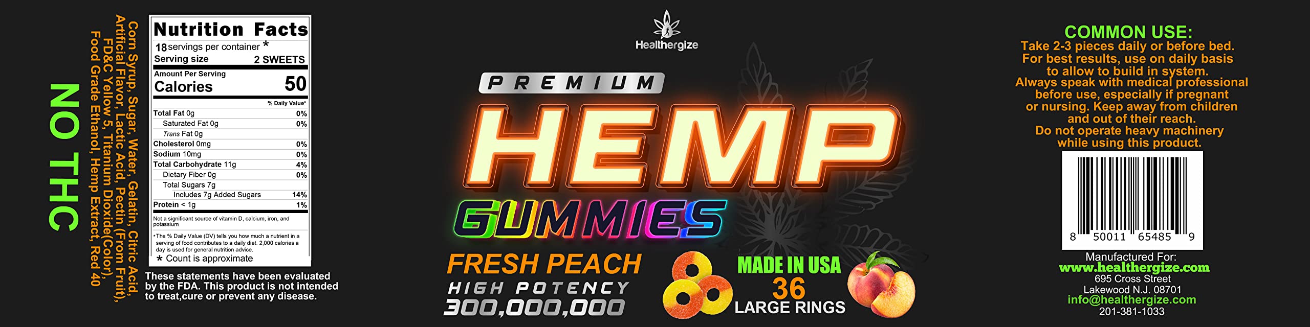 Open packaging of Healthergize Peach Hemp Gummies with gummies spilling out