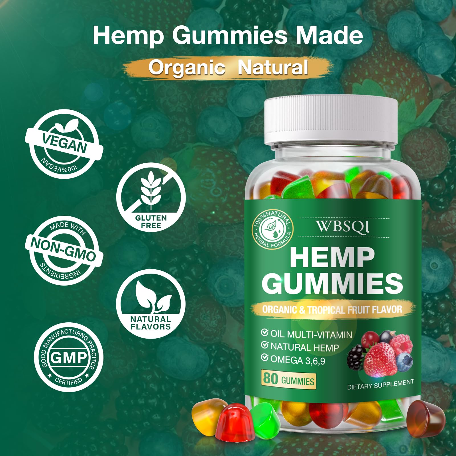Open WBSQL Organic Hemp Gummies jar with gummies visible
