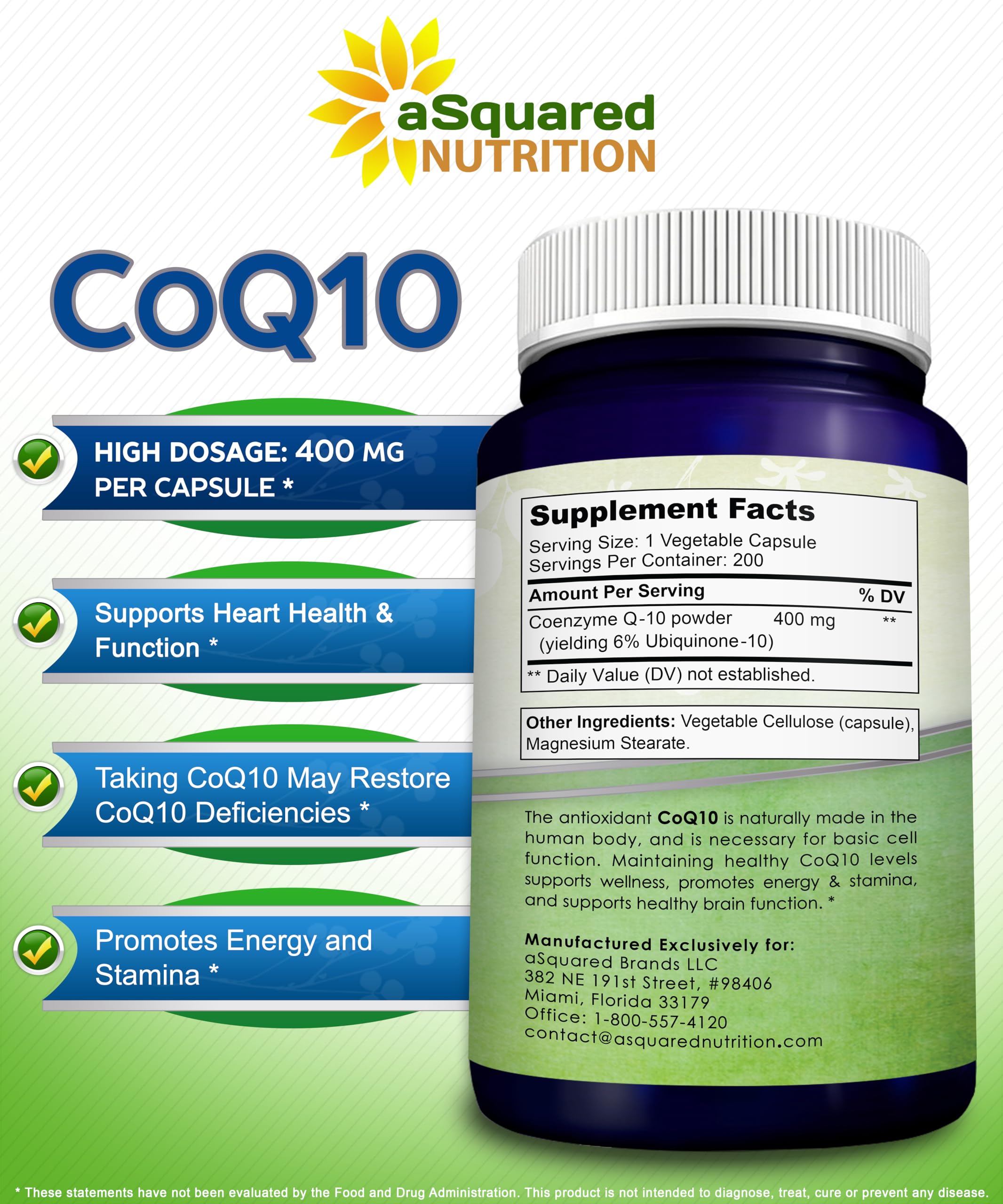 Opened bottle of aSquared Nutrition CoQ10 400mg capsules
