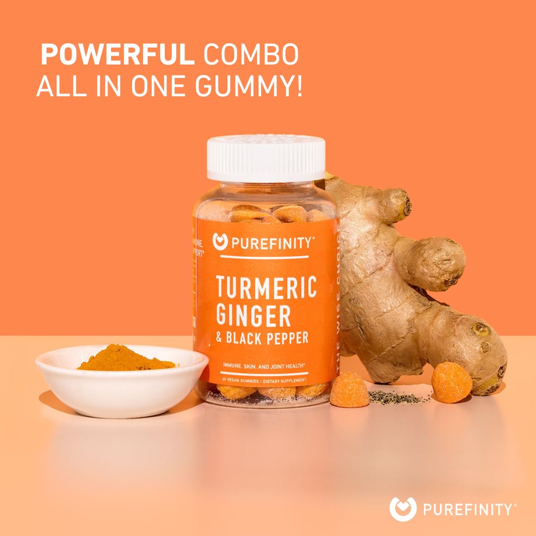 Opened bottle of PUREFINITY Turmeric Ginger Gummies with gummies visible
