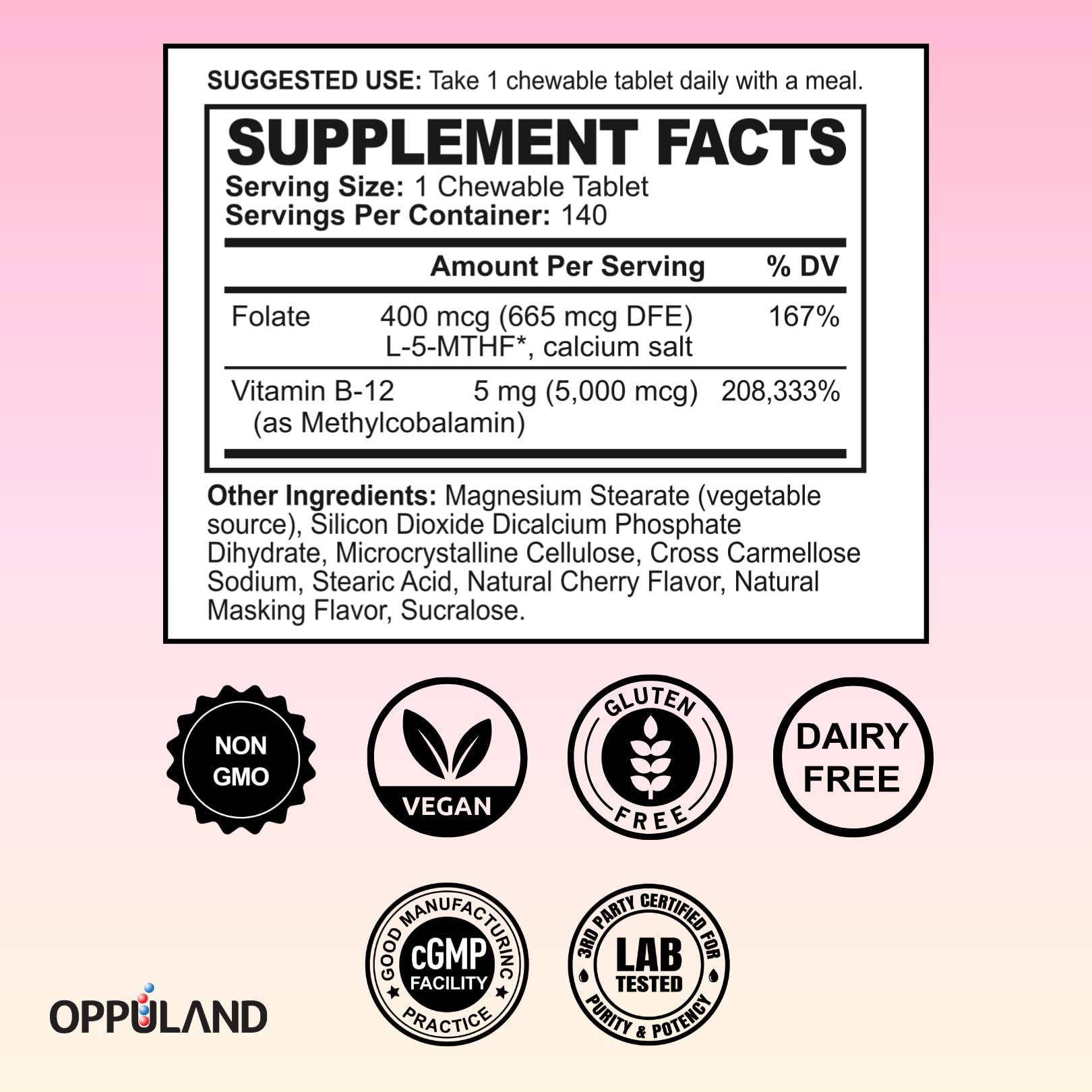 Oppuland Methyl B-12 5000mcg bottle with tablets