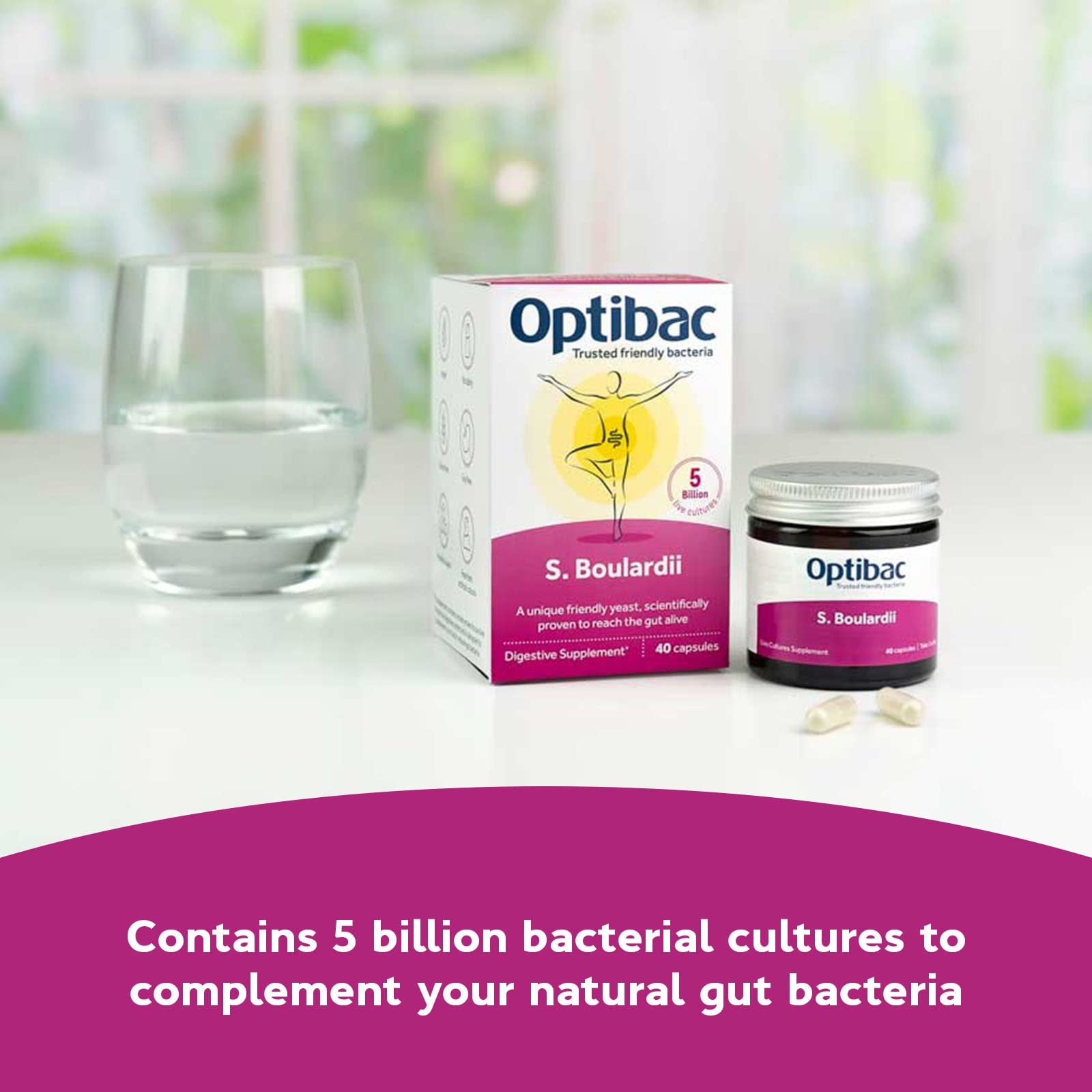 Optibac Probiotics Saccharomyces Boulardii 50g capsules on a wooden table