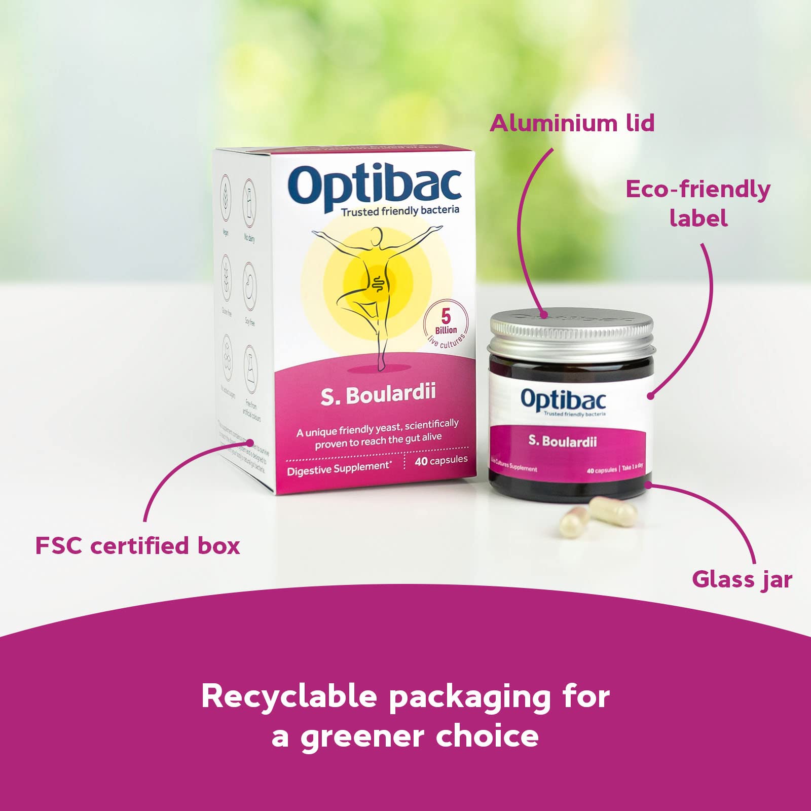 Optibac Probiotics Saccharomyces Boulardii capsule jar with glass and water