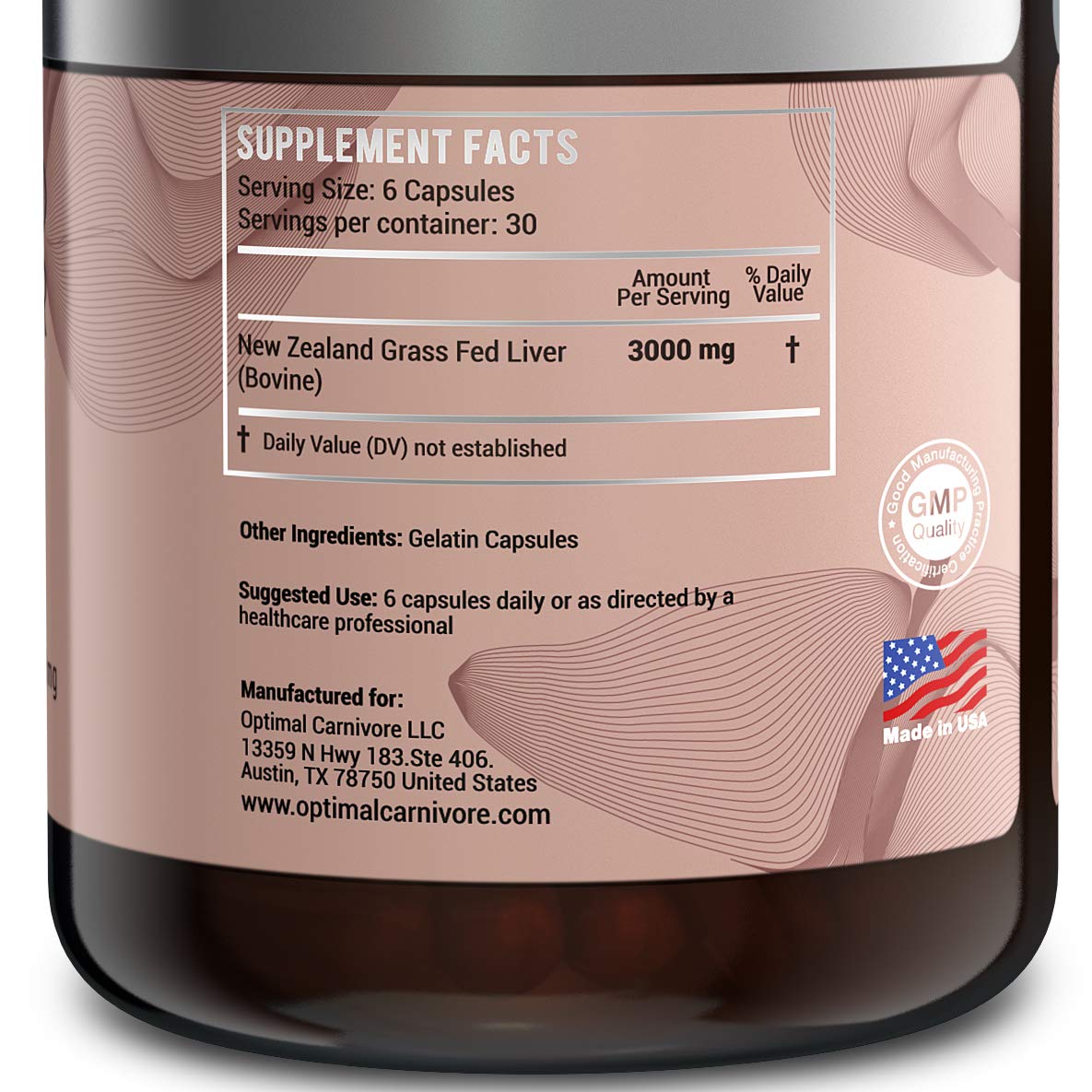 Optimal Carnivore Beef Liver Capsules opened with a close-up of the capsules