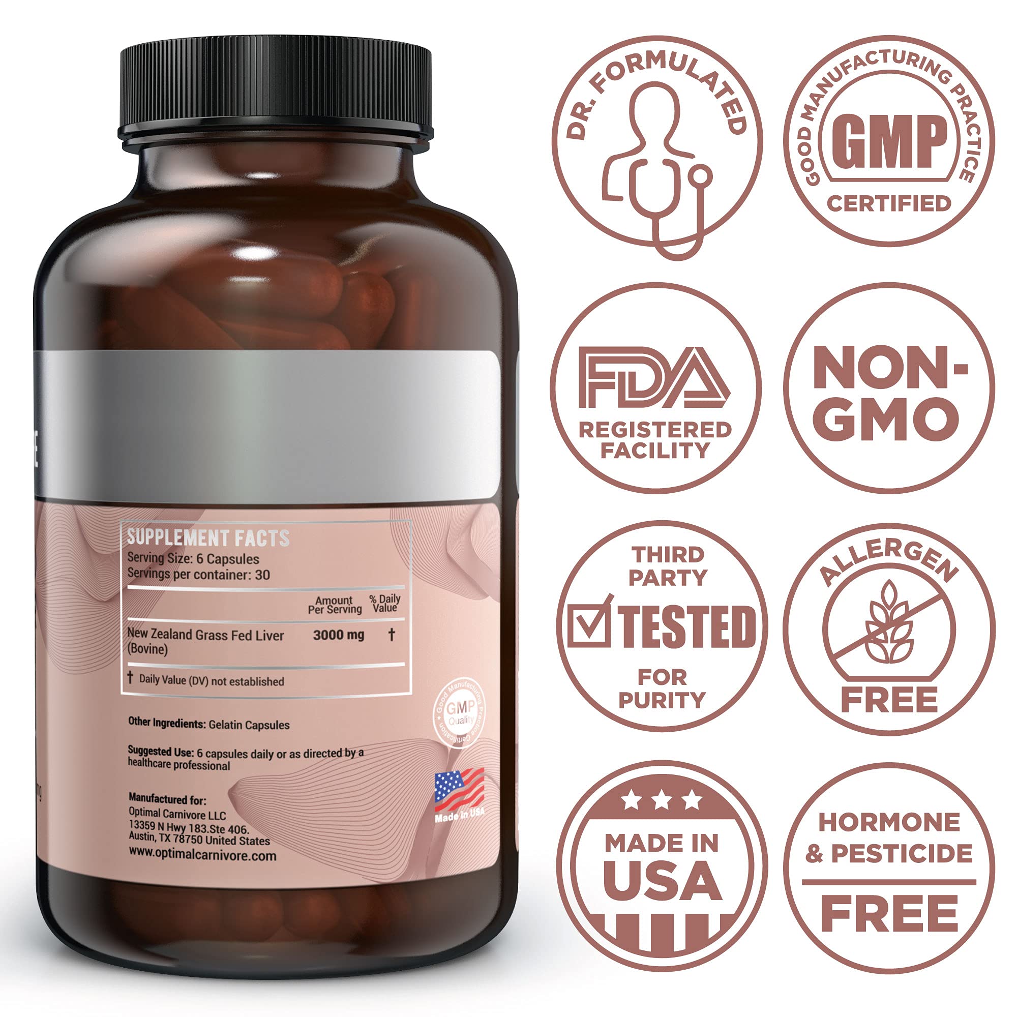 Optimal Carnivore Beef Liver Capsules side view showing capsule details