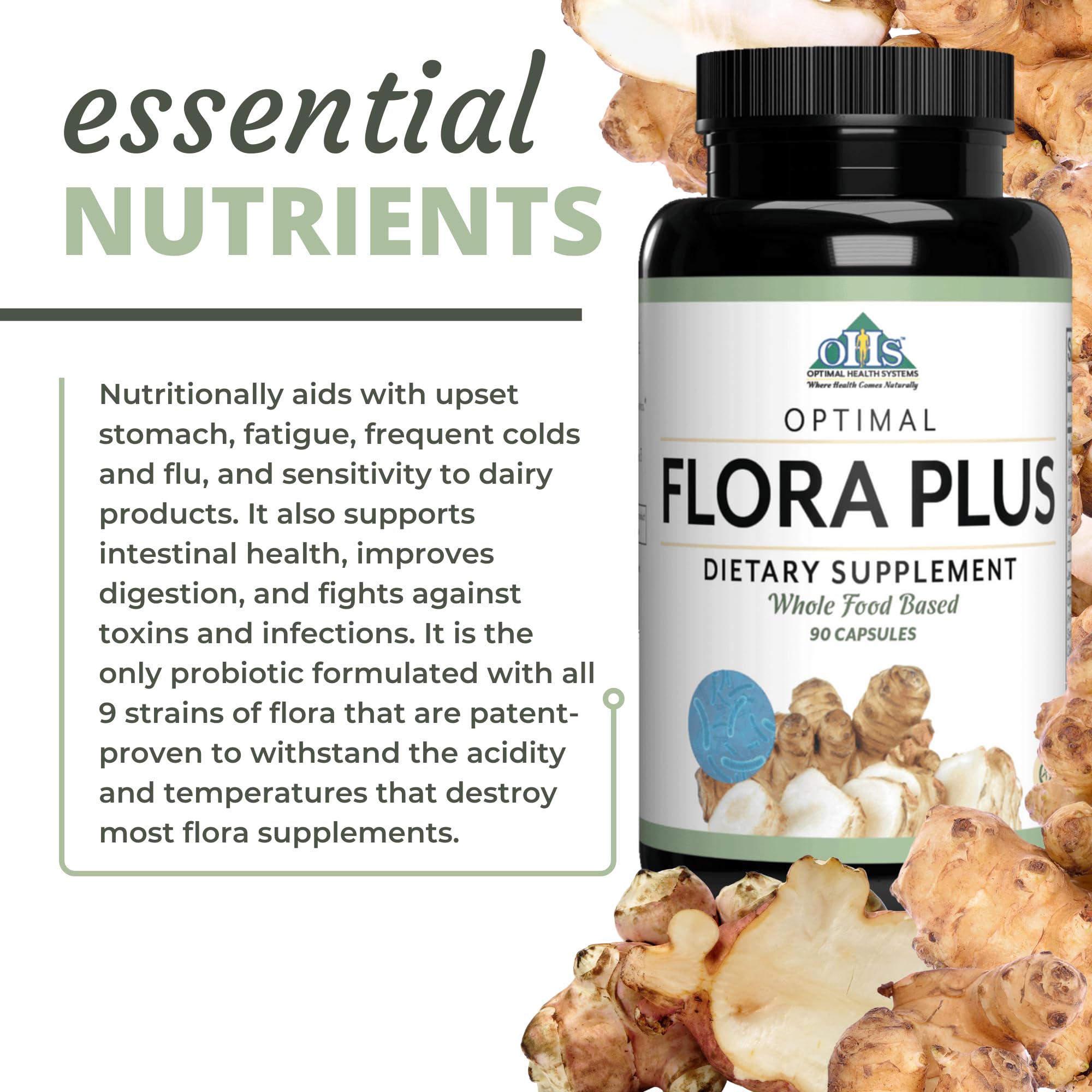 Optimal Flora Plus Probiotic Capsules on a wooden table