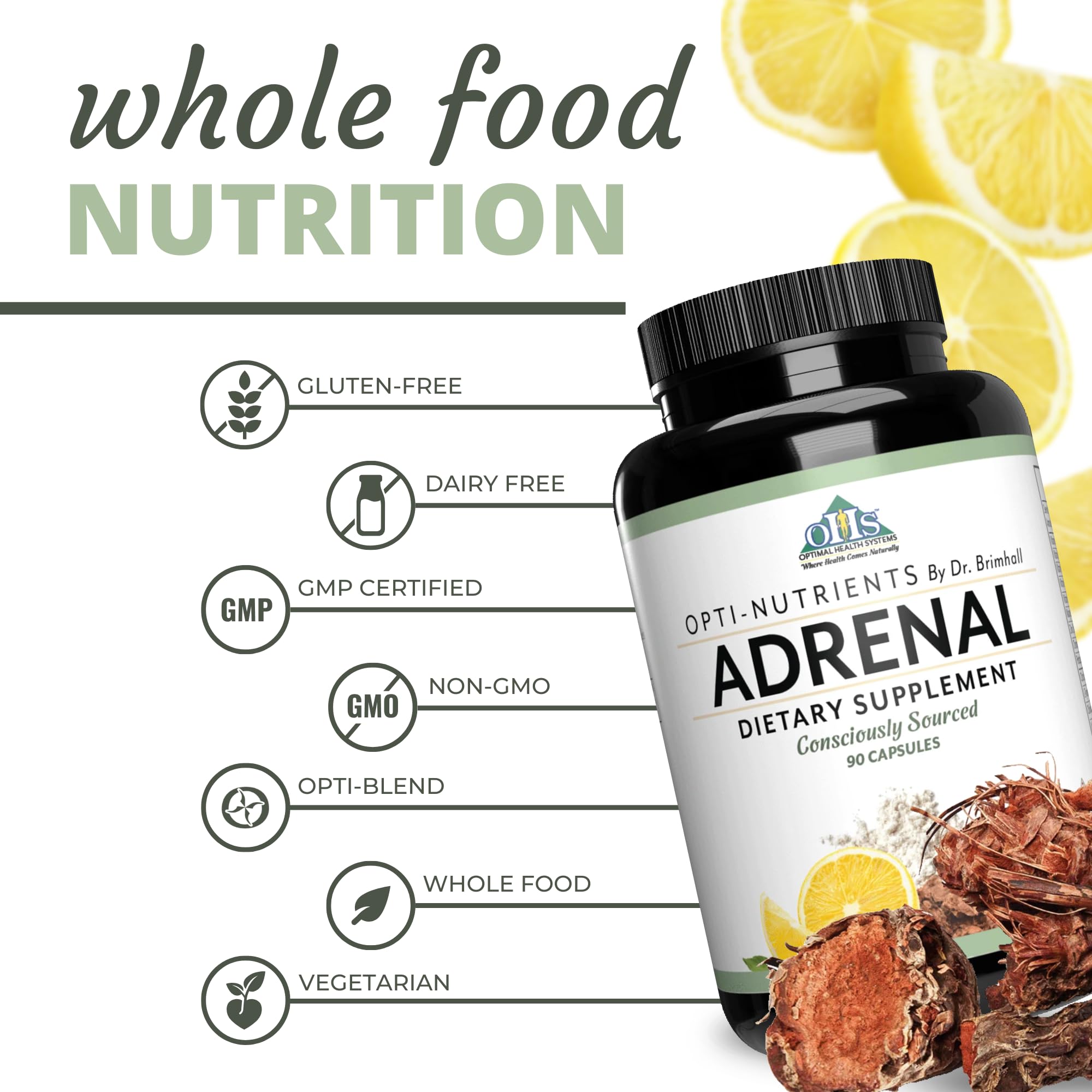 Optimal Health Systems Adrenal Extracts on a wooden table with natural elements