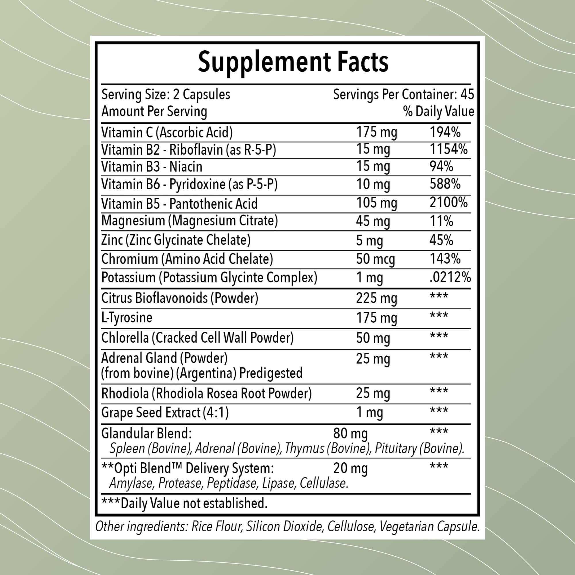 Optimal Health Systems Adrenal Extracts side view showing nutritional information
