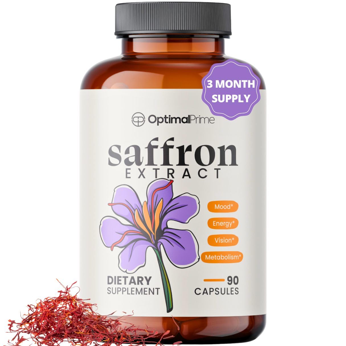 Optimal Saffron Capsules front view with 90 capsules