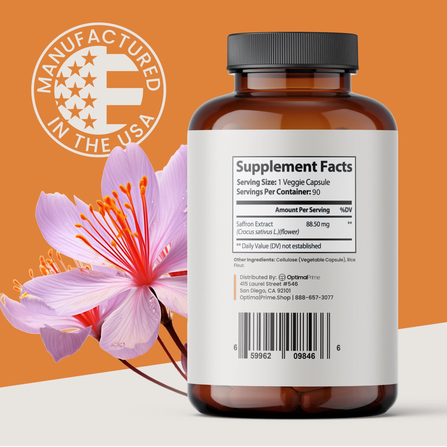 Optimal Saffron Capsules side view showing bottle label