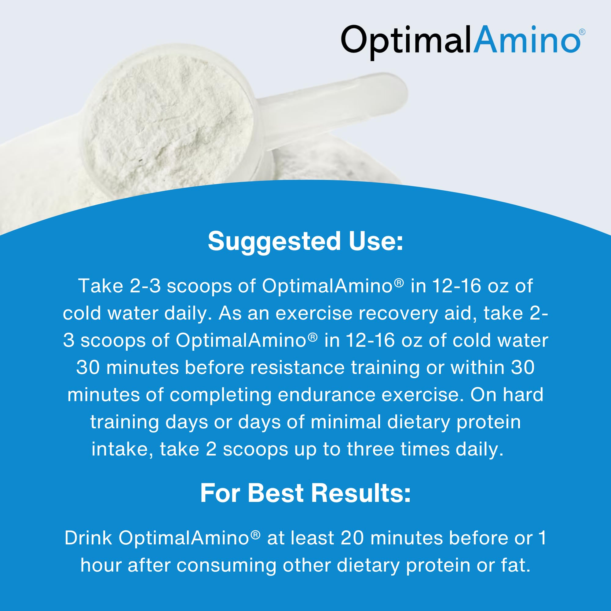 OptimalAmino Complete Amino Acid Supplement 490g powder in a bowl