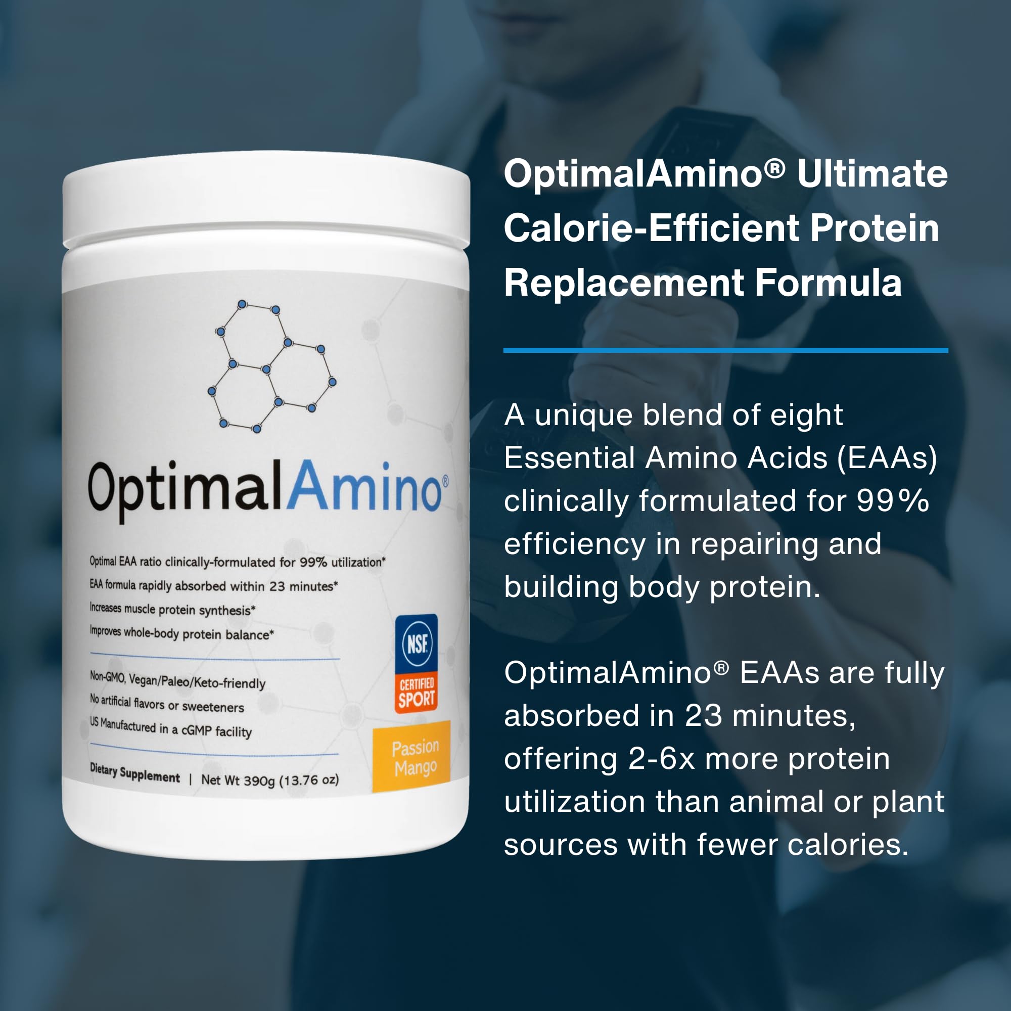 OptimalAmino Complete Amino Acid Supplement 490g powder scoop